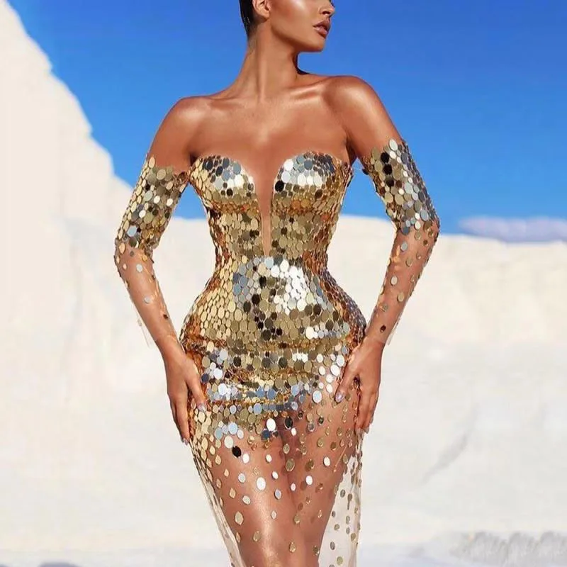 Sexy Strapless Mesh Sequins Dress Women Evening Party Gold Transparent Singer Stage Costume Bar Nightclub Wedding Ball