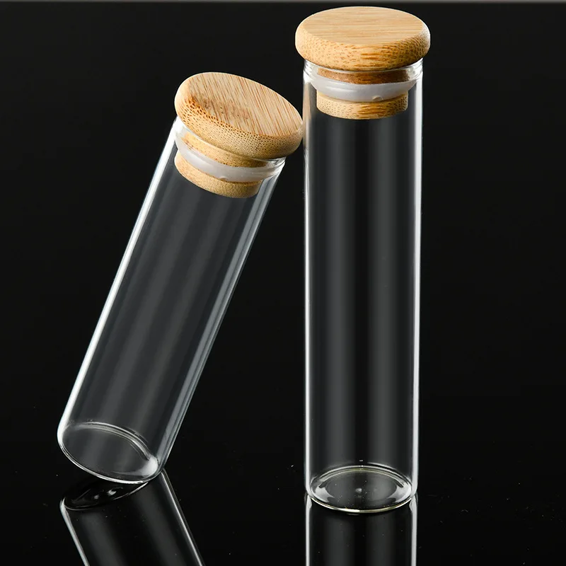 Straight Mouth Bamboo Lid Empty Glass Bottle Clear Glass Tube Bottle Candy Scented Tea Capsule Container Diameter 30mm