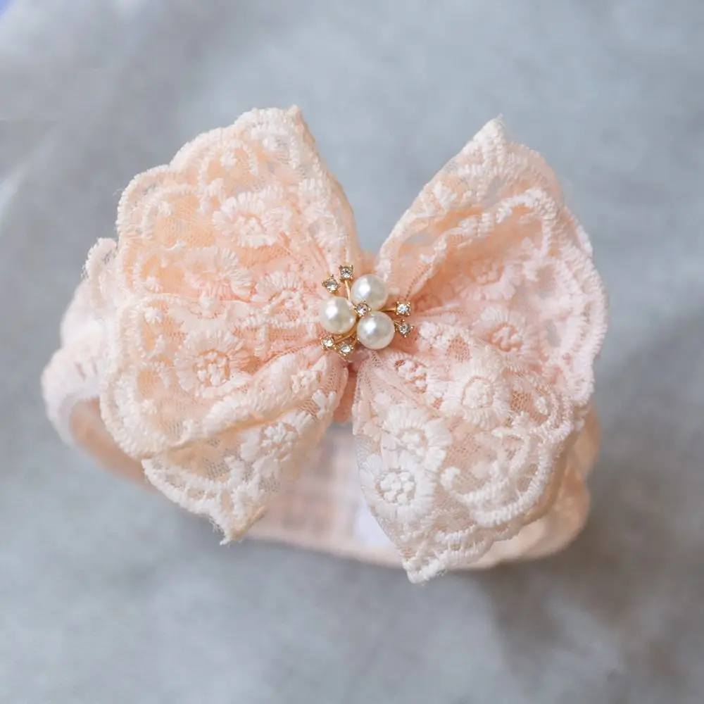 Lovely Headwear Lace Bow Summer Rhinestone Pearl Infant Hairband Baby Elastic Headband Headdress Korean Style Hair Hoop DIY