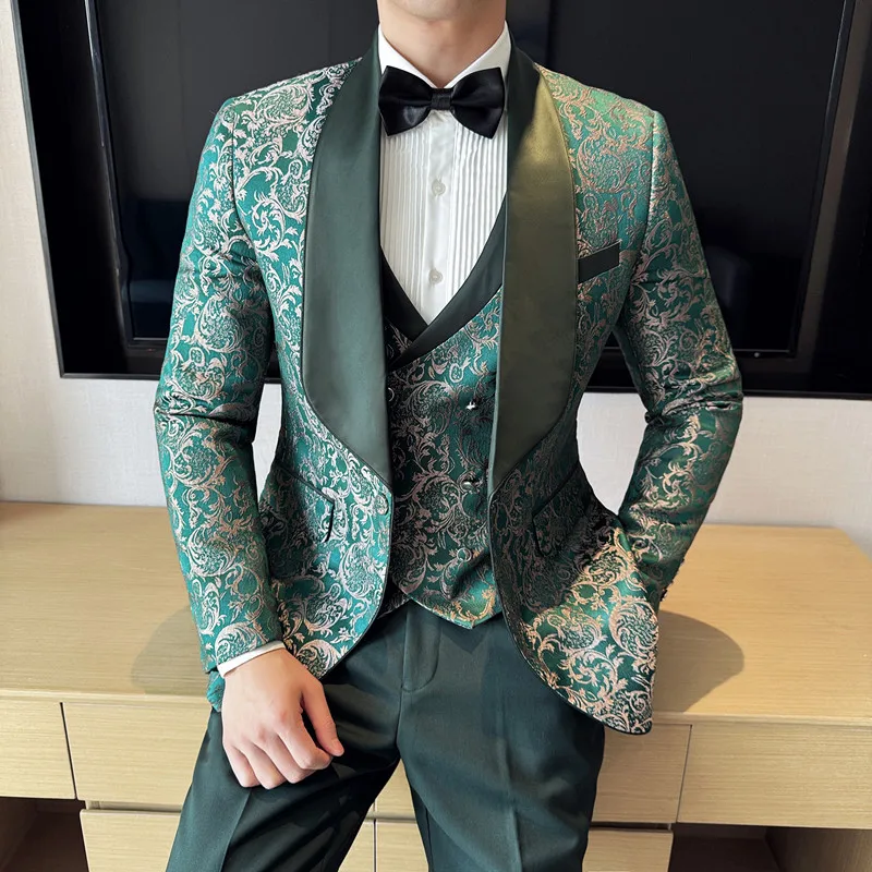 

2024 Spring New Men's (suit + Vest + Trousers) British Style Business Casual Three-piece High-density Jacquard Wedding Dress