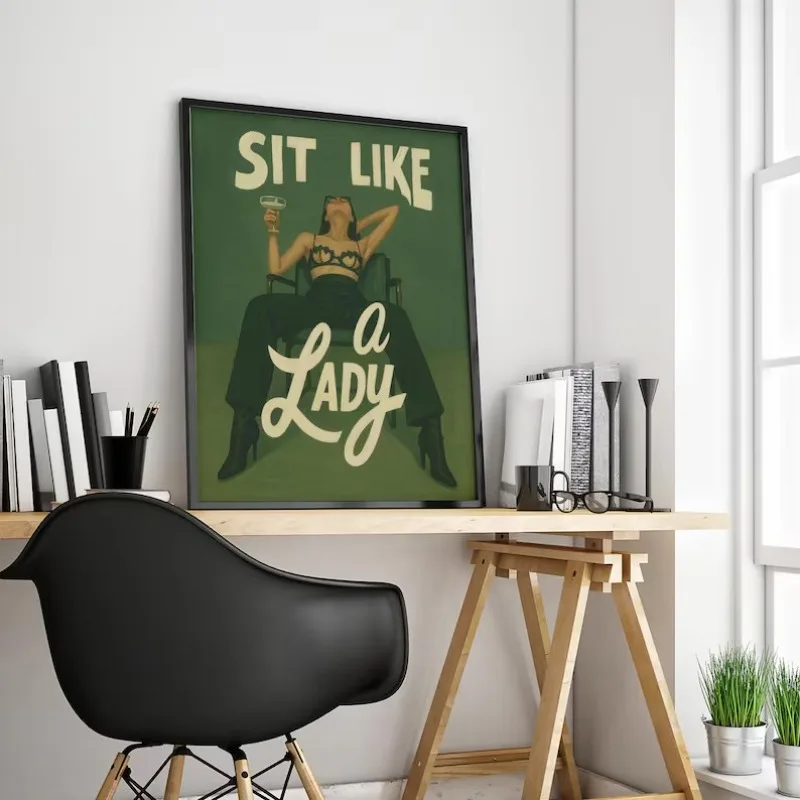 Minimalist Female Green Background Poster Vintage Bold Feminine Portrait Canvas Painting Wall Art for Living Room Home Decor