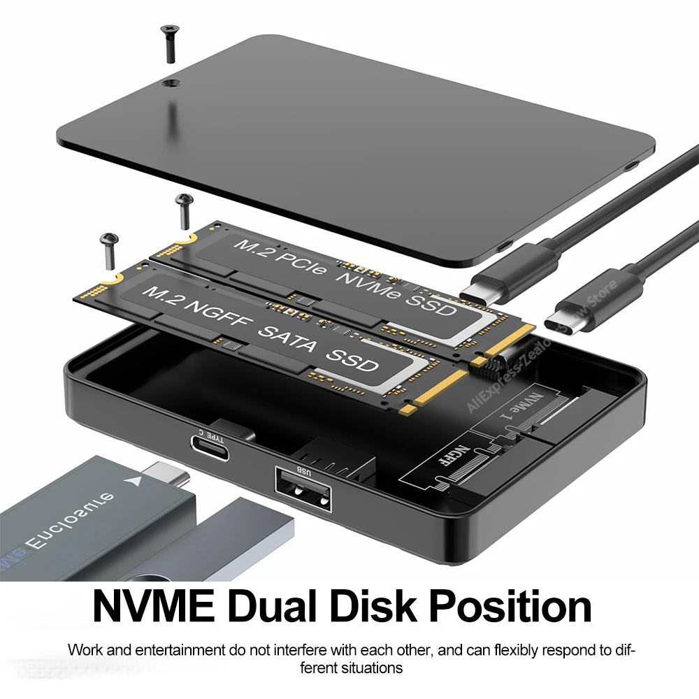 듀얼 프로토콜 M.2 SSD 케이스 듀얼 PCIe NVME 도킹 스테이션 USB3.2 GEN2 10Gbps 솔리드 스테이트 드라이브 인클로저 8TB 어댑터 지원