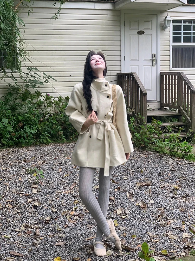 

Зимнее женское шерстяное пальто с двусторонним твидом, высококачественное корейское свободное пальто Hepburn Sle, длинный цвет све