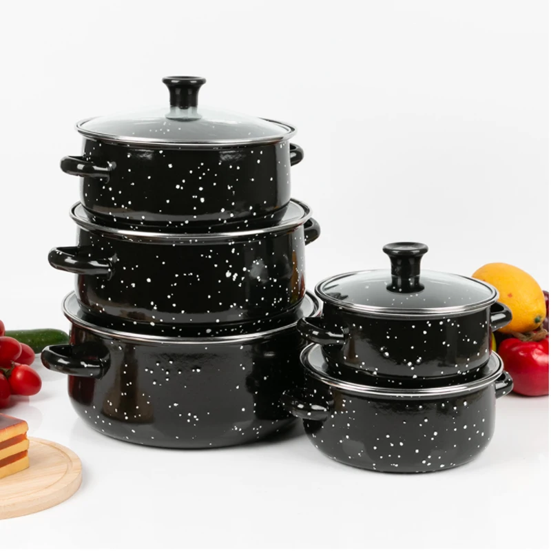 Enamel Soup Pot Set, Pitted Stew Pot, Black, Green, Blue, Brown, 16cm, 18cm, 20cm, 22cm, 24cm, Five Pieces set in the package