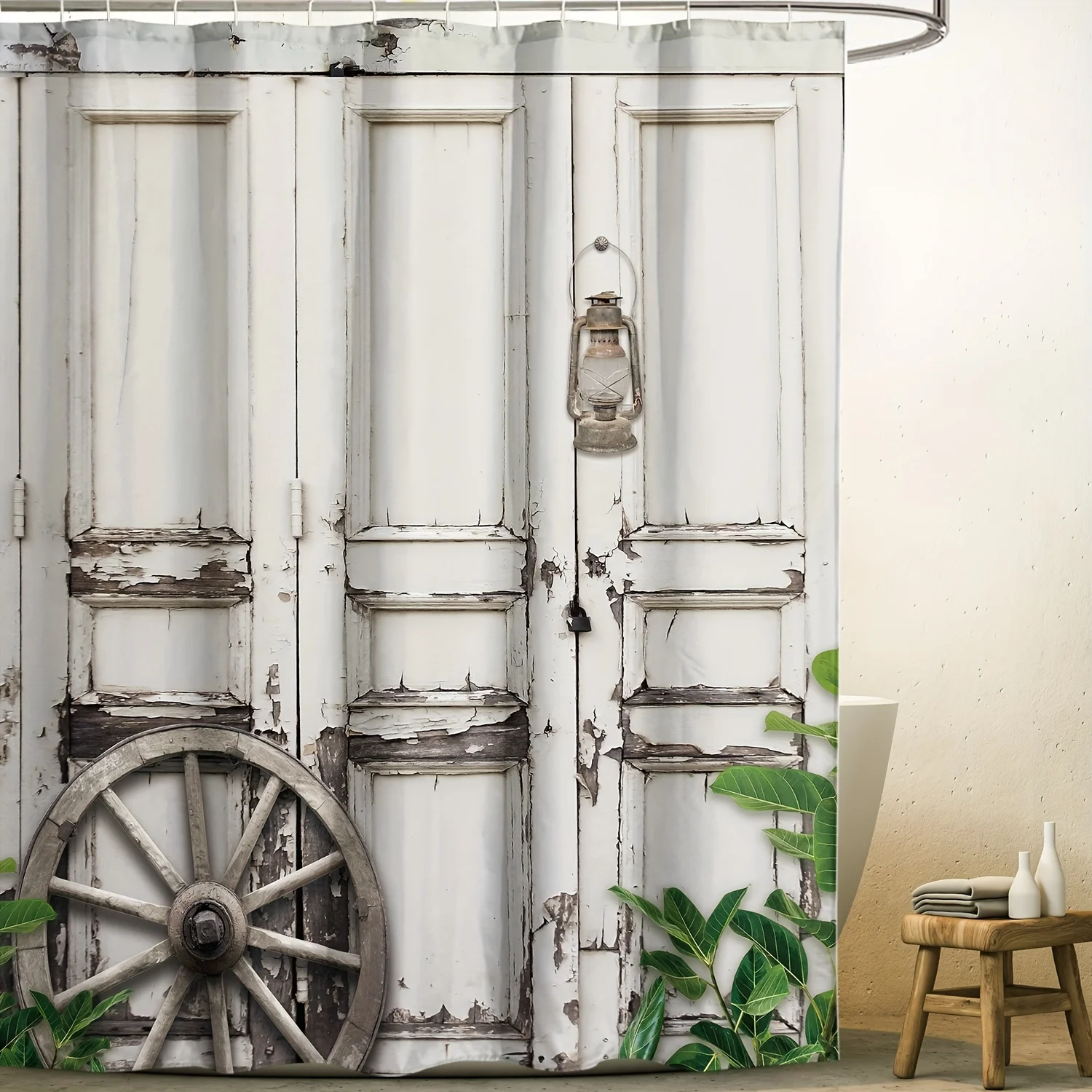 Rustic Barn Door Shower Curtain-Stylish Waterproof Polyester w/ 12 Hooks - Durable & Machine Washable for Bathroom Privacy&Decor