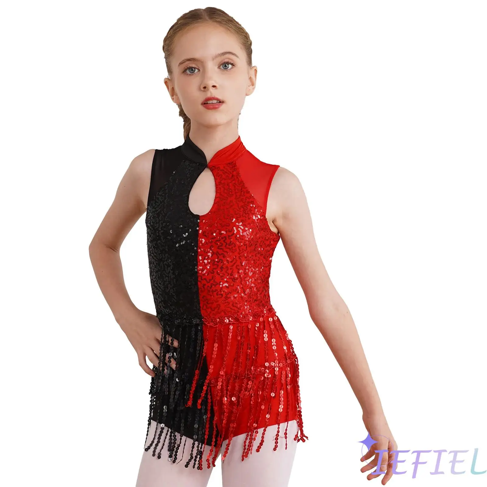 Bambini Jazz Dance Dress costumi ginnastica balletto body ragazze paillettes nappa vestito da ballo latino Tutu gonna Costume da sala da ballo