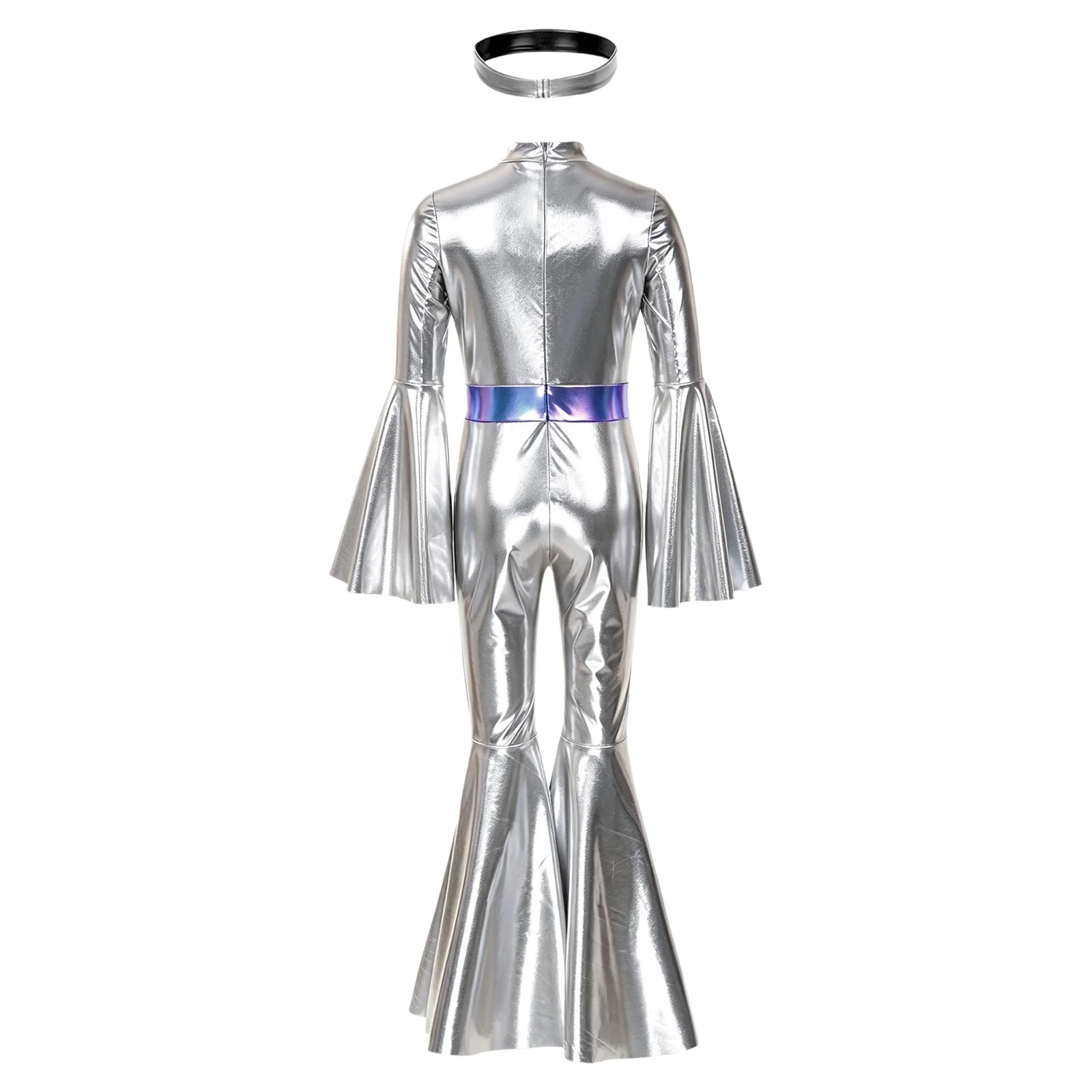 Kids Girls Disco Party Costume Split Bell-bottom Metallic Jumpsuit Jazz Dance Outfit Flared Zipper Bodysuit for Music Festival view 2