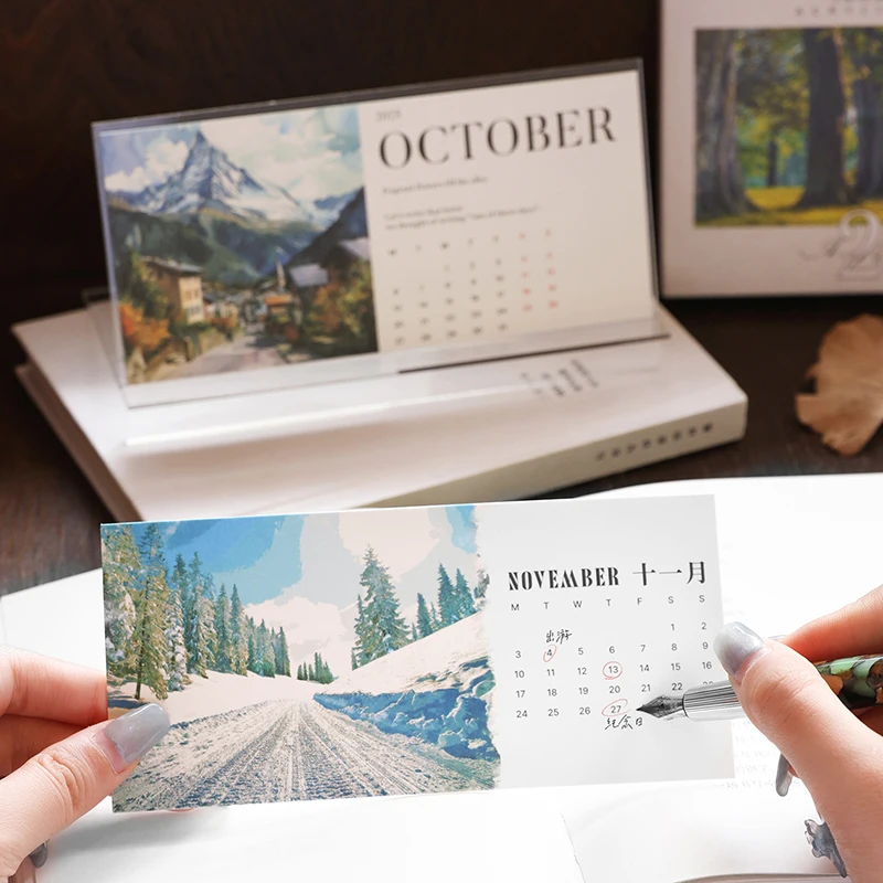 Journal GO Travel Calendar Literary Desktop Calendar 2025 With Frame Card & Display Stand Scenery Standing Calendar