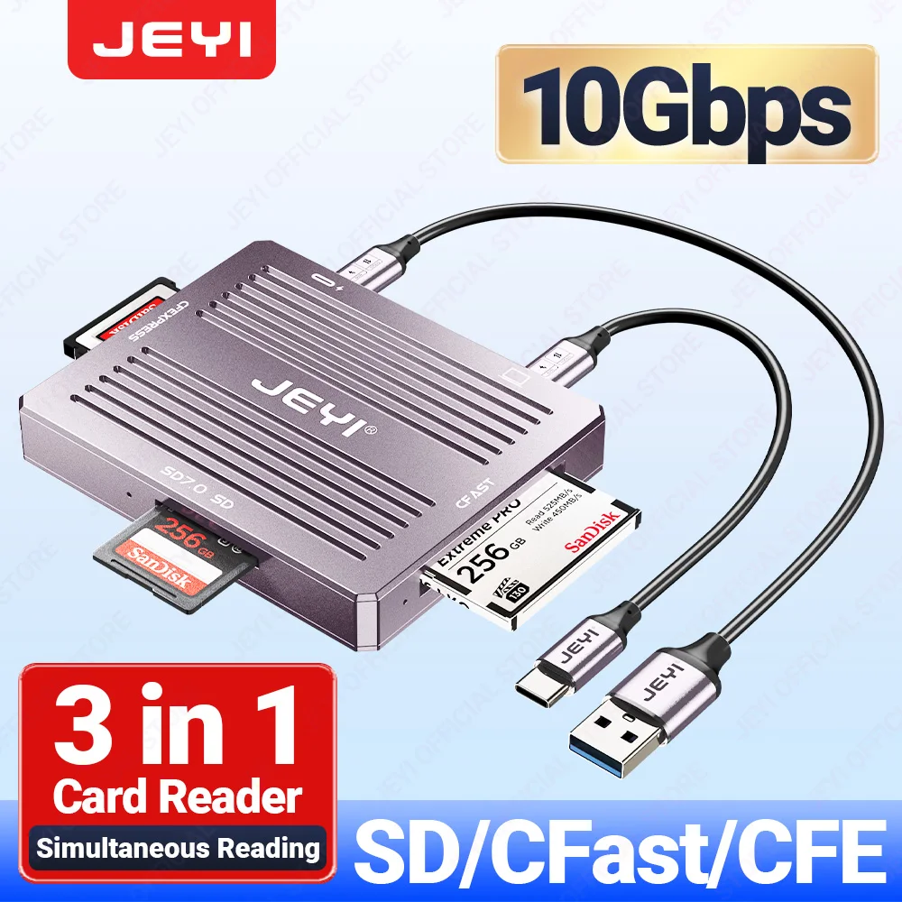 JEYI USB3.2 10Gbps SD/CFast/CFE 3 in 1 Card Reader, Read CFexpress Type B Card / CFast Card and SD 7 / SD Card Simultaneously