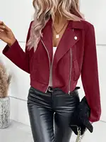 Faux Suede Women Jakcet Zipper Fly Lapel Buttons Motorcycle Jacket Leather Jacket Windproof High Street Biker Jacket Cardigan 4