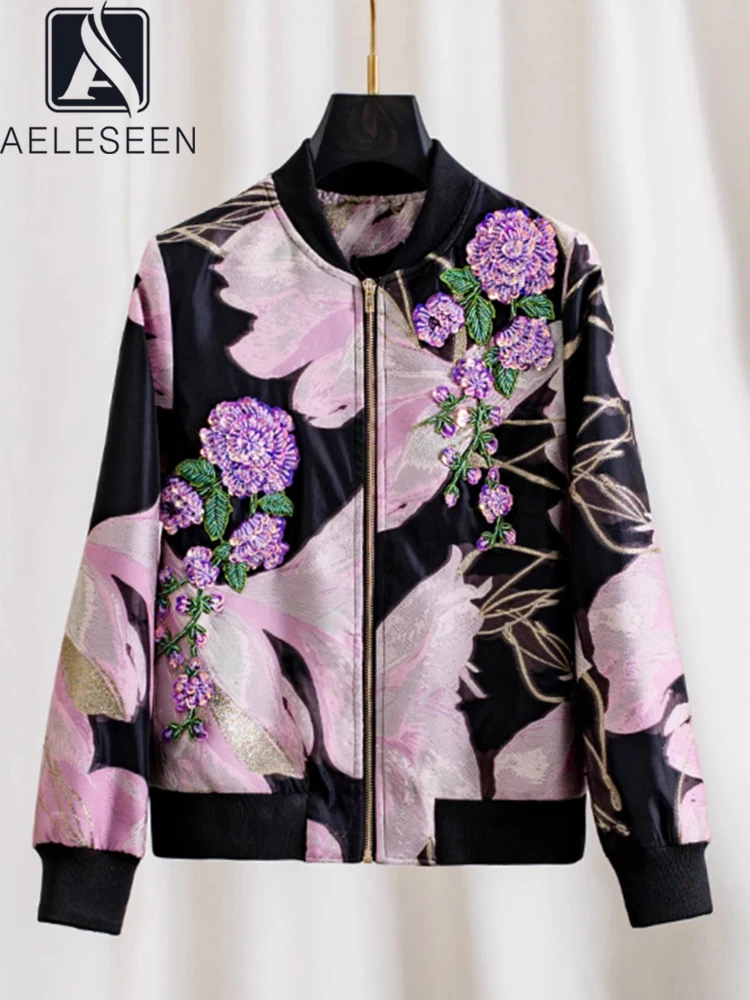 AELESEEN 2024 Autumn Winter Jacquard Jacket Women Runway Fashion Lantern Sleeve Purple Flower Print Luxury Sequined Zipper Coat