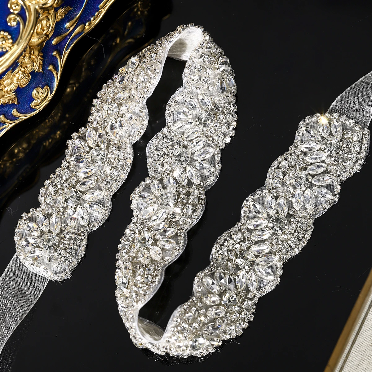 Sliver Crystal Flower Women's Belt Elegant Rhinestone Organza Flounces Waist Chain For Skirt Bride Wedding Jewelry Belt image 3