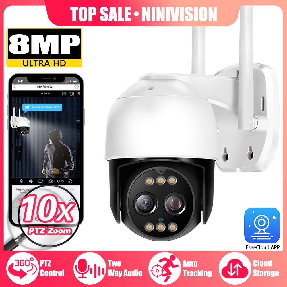 10X Zoom WiFi Dual Lens 8MP Outdoor Wireless Video Surveillance Auto Tracking Security H.265 EseeCloud IP Network NVR PTZ Camera