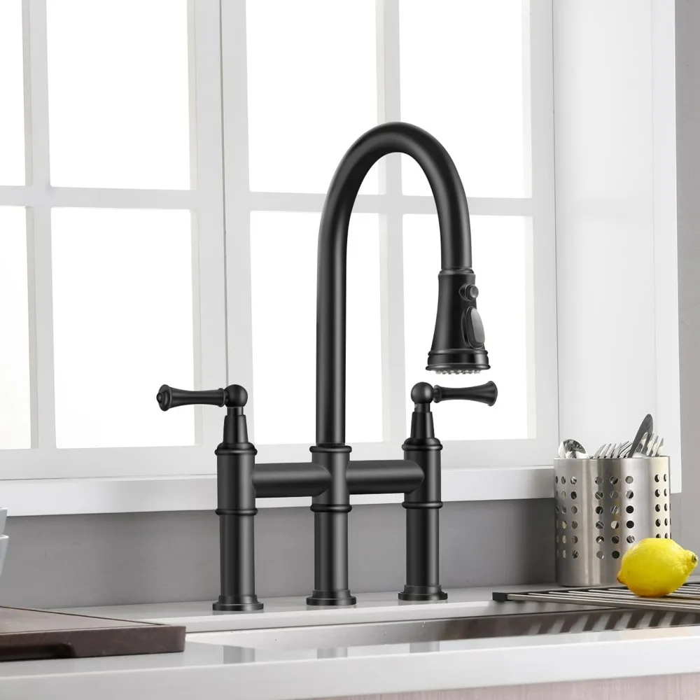 

Bridge Kitchen Faucet with Pull-Down Sprayhead 2 Handle 8 Inch Faucet for Kitchen Sinks 3 Hole Kitchen Sink Faucet