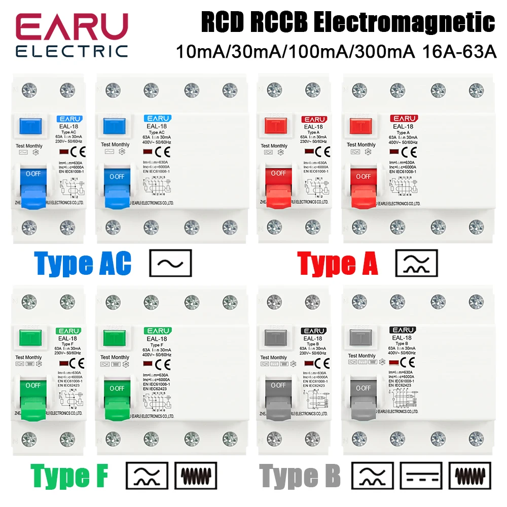EARU 10/30/100/300mA Typ AC/A/F/B RCCB RCD Evse Elektromagnetische Fehlerstrom-Schutzschalter Sicherheitsschalter
