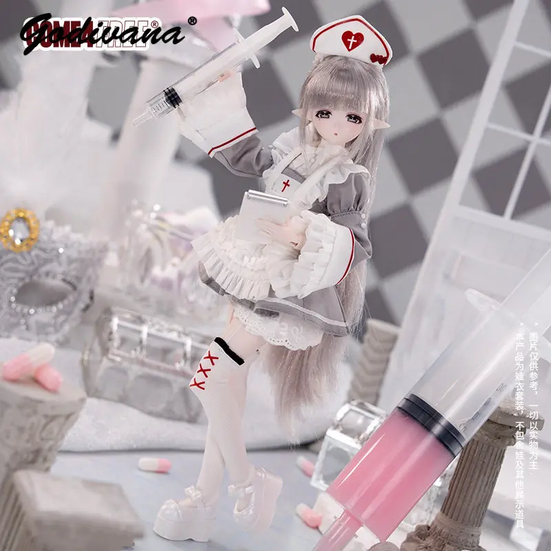 Sweet Nurse Style 1/6 BJD Doll Outfit Red Cross Headband with Ruffled Apron Flare Long Sleeve Dress Lace Trim Doll Clothes
