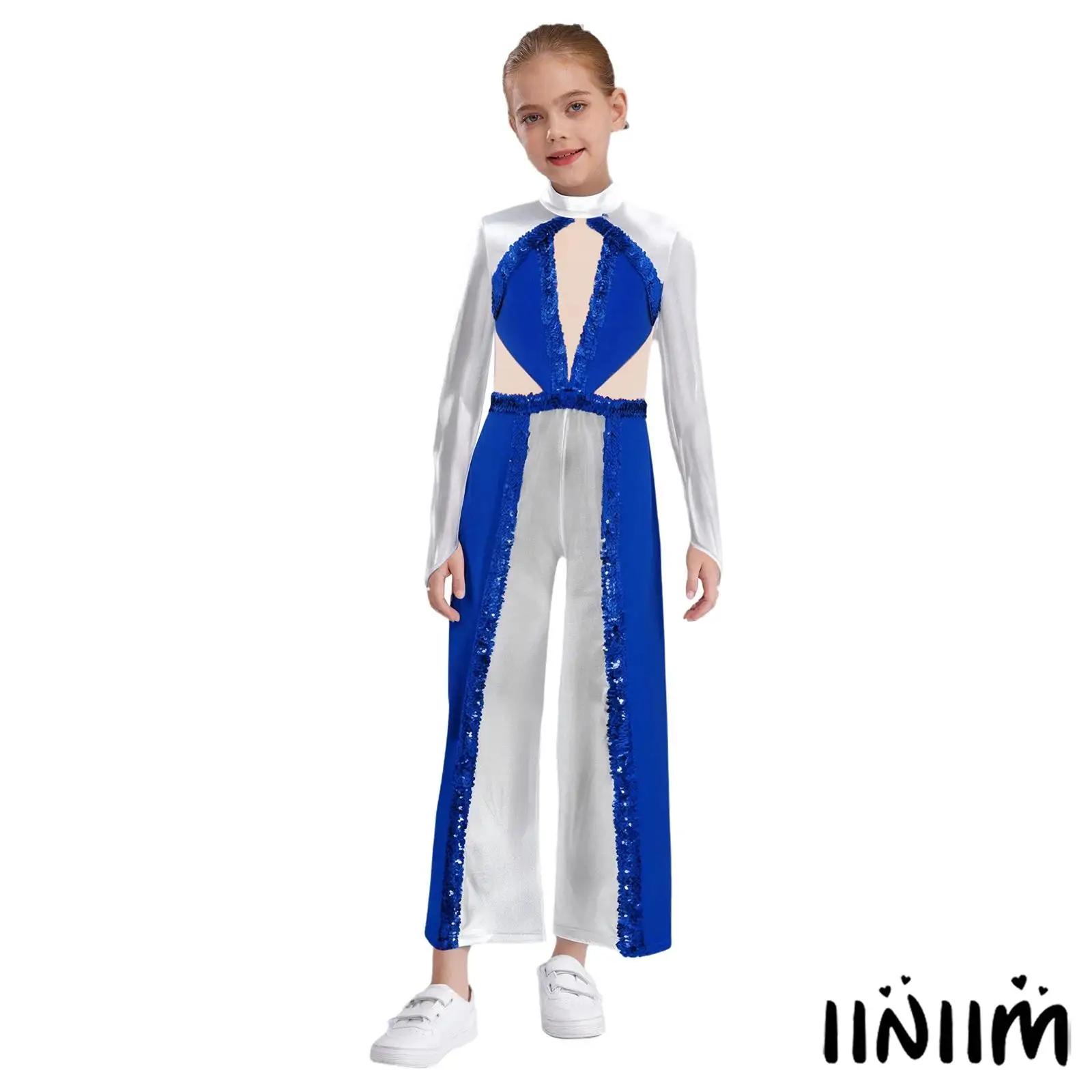 

Kids Girls Jazz Metallic Disco Jumpsuit Mock Neck Long Sleeve Mesh Patchwork Bodysuit Lyrical Modern Dance Performance Outfit