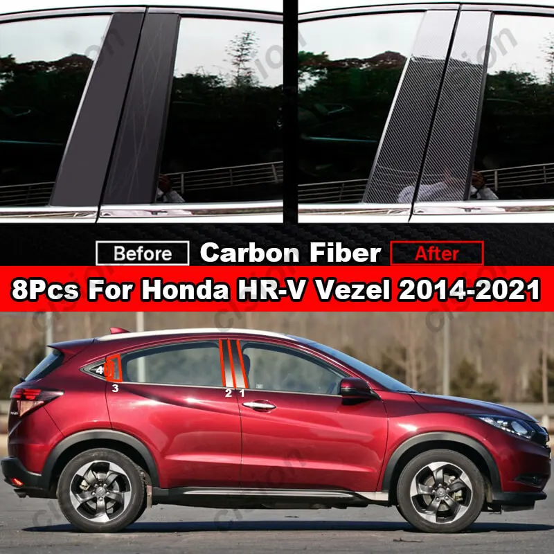 8Pcs Car Window Door Column BC Pillar Post Cover Trim for Honda HRV Vezel 2014-2021 Carbon Fiber Black Mirror Effect PC Sticker