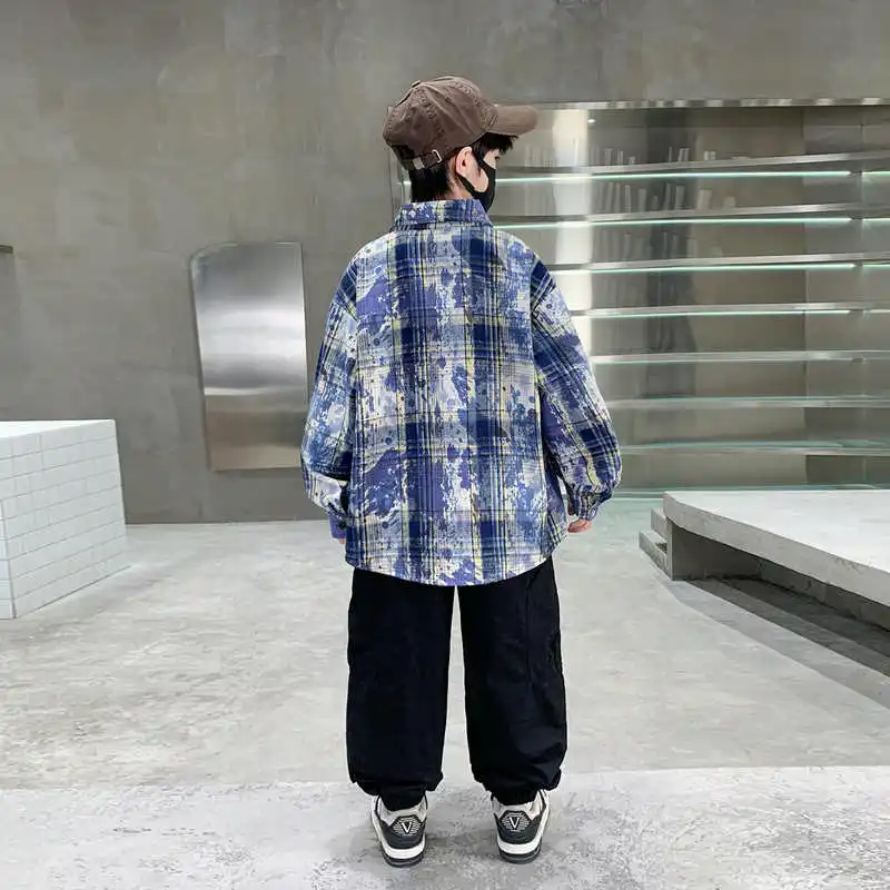 High Fashion Children Tie Dye Plaid Shirt Stylish Clothing for Boys Long Sleeve School Blouses New Kids Designer Tops Outfit