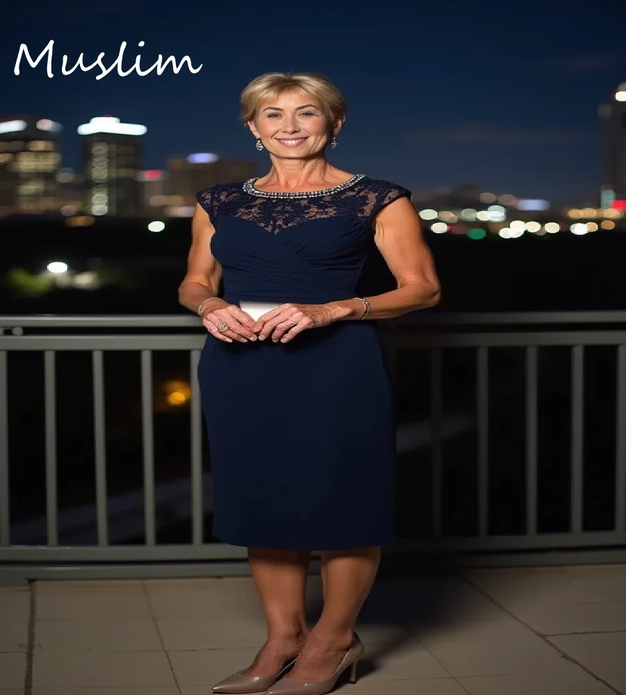 

Elegant Navy Blue Mother Of The Bride Dress Cap Sleeve Lace Midi Chiffon Wedding Guest Dress 2025 Boho Mom Formal GownCustomized