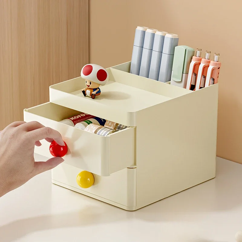 Cute Multifunction Desktop Storage Drawer Box with Pen Holder Makeup Organizer for Girls Students Stationery Storage Rack 2025