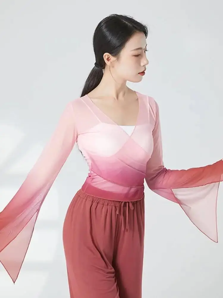 Camicia da ballo da donna in rete con scollo a V sfumato, vestibilità slim, manica a campana, top lungo per costume da palcoscenico per pratica di balletto jazz moderno