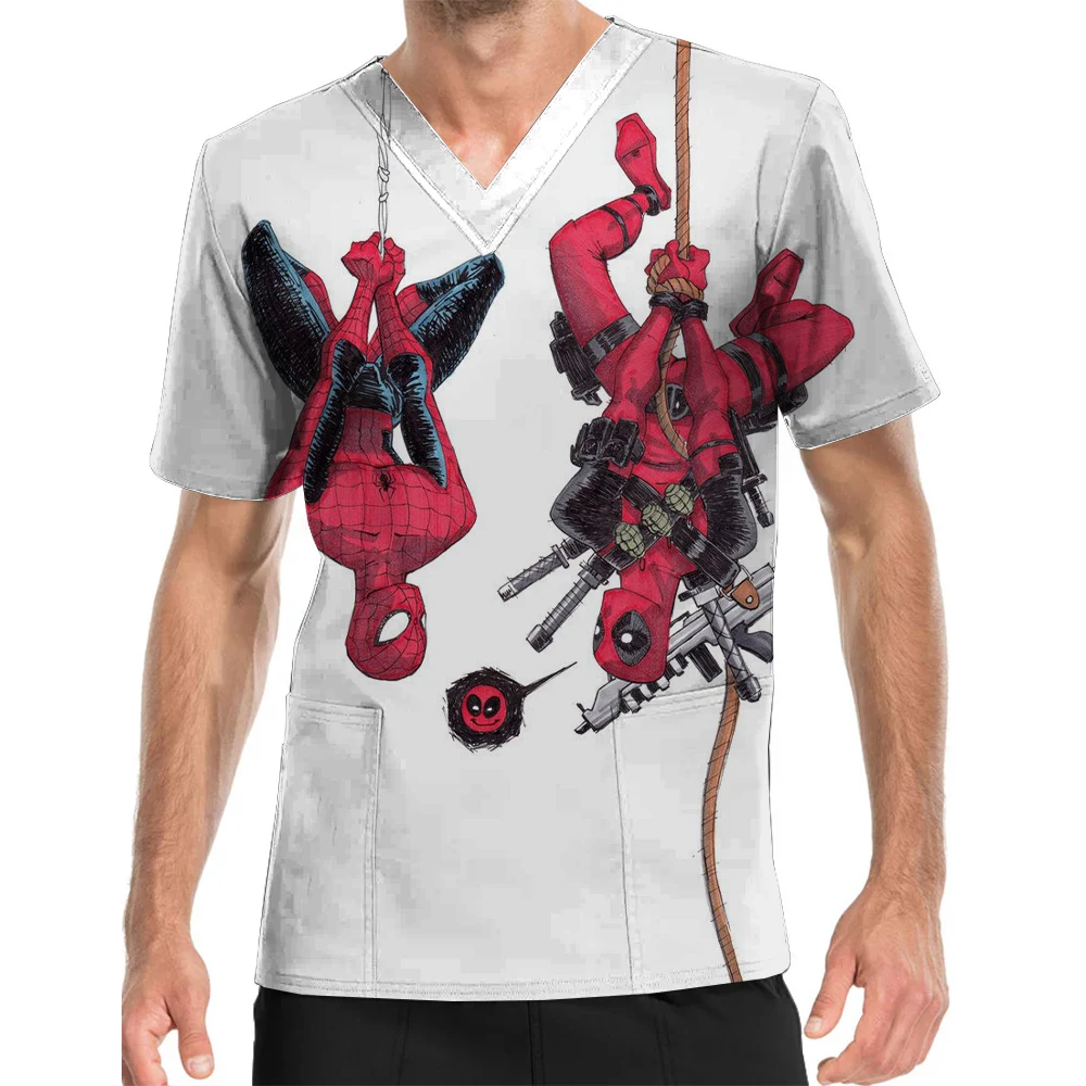 Anime Deadpool Pattern Print V-Neck Print Scrub Top Men's Work Uniform Playground Pet Shop Men's Short Sleeve Nursing Clothes