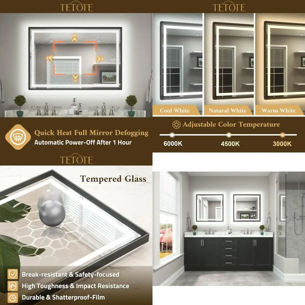 Miroir de courtoisie LED à cadre noir brossé antibuée 30 x 30 avec éclairage avant et arrière, 3 températures de couleur, salle de bain murale