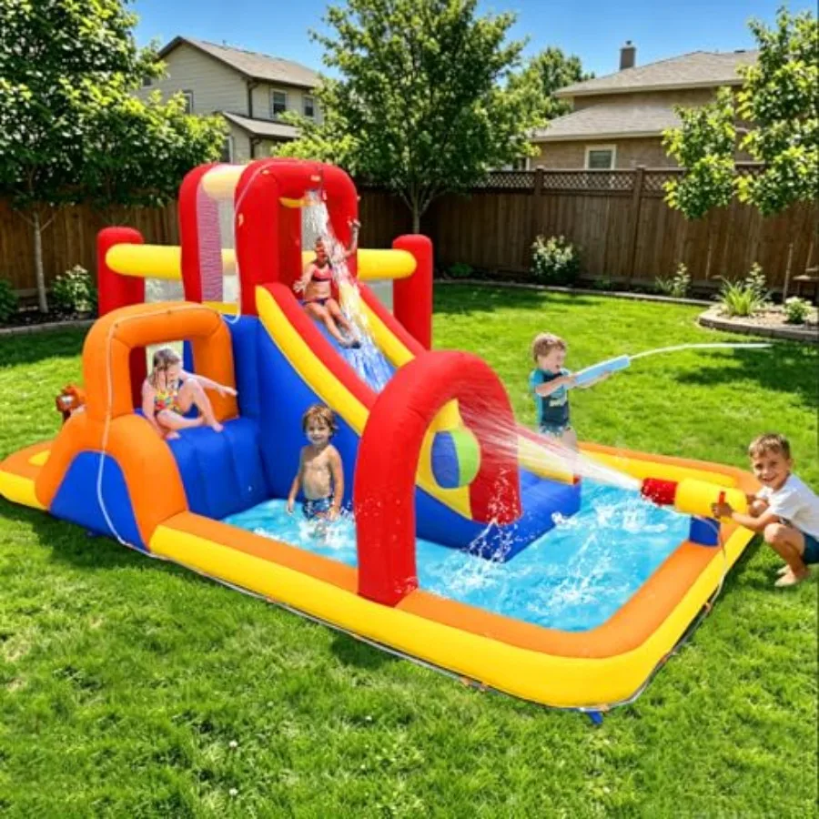 

Inflatable Water Slide, 10 in 1 Water Park Bounce House with Splash Pool, 2 Slides, Ball Pit, Water Cannon, Climbing Wall, Blow