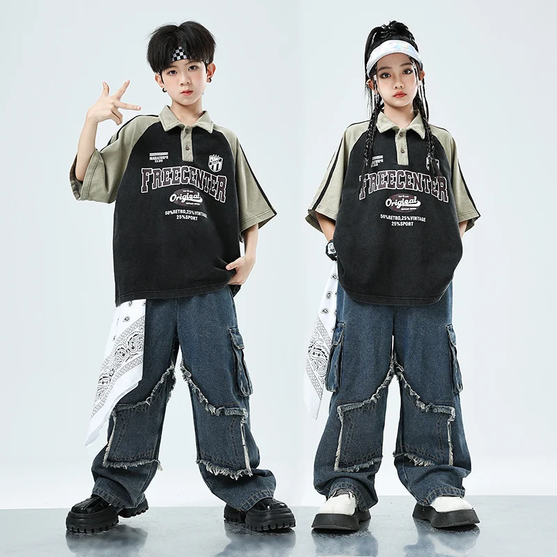 子供のためのヒップホップスタイルの服,ストリートダンスTシャツ,デニムパンツ,ジャズジョギング,子供のためのジャズコスチューム,10代のための服のセット