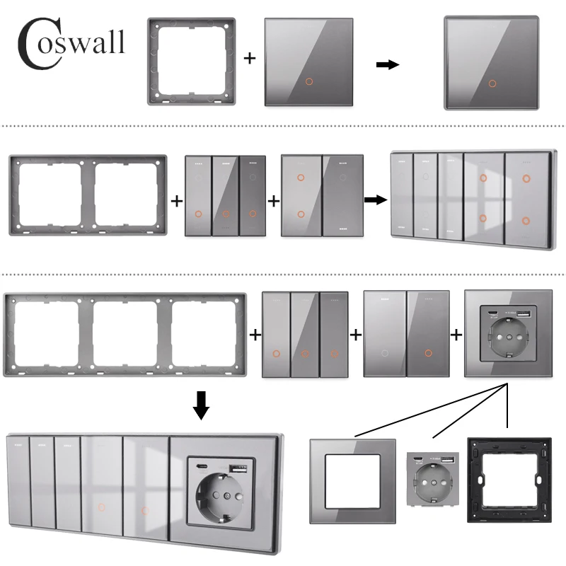 COSWALL Grey Glass Panel Zigbee On / Off Switch & Scene Switch Yandex, EU Socket USB Quick Charger TV RJ45 Modules DIY