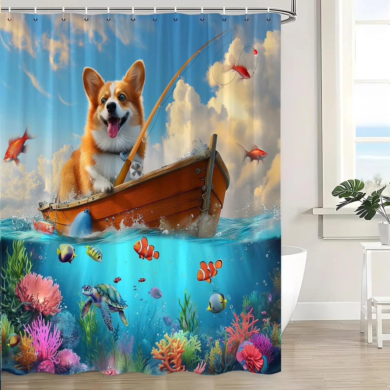 

Забавная занавеска для душа с собакой, милая рыбалка корги, синий океан, морская черепаха, тропическая рыба, морская подводная морская животное, коралл, милый