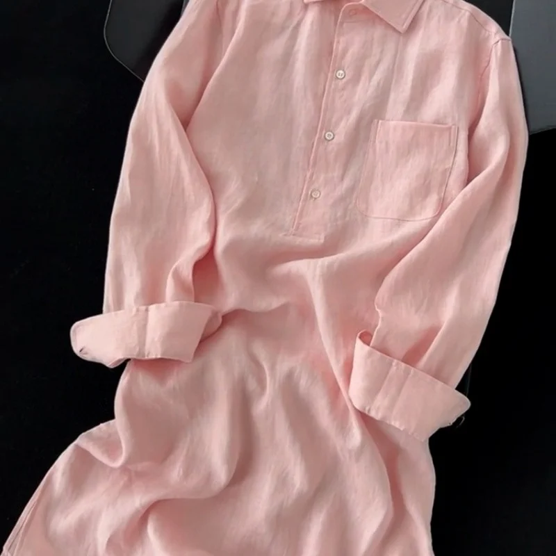 Chinese Stijl Literaire Losse Linnen Jurk Vrouwen Herfst Nieuwe Mode Roze Polo Kraag Dunne Rechte Lange Jurken Dameskleding