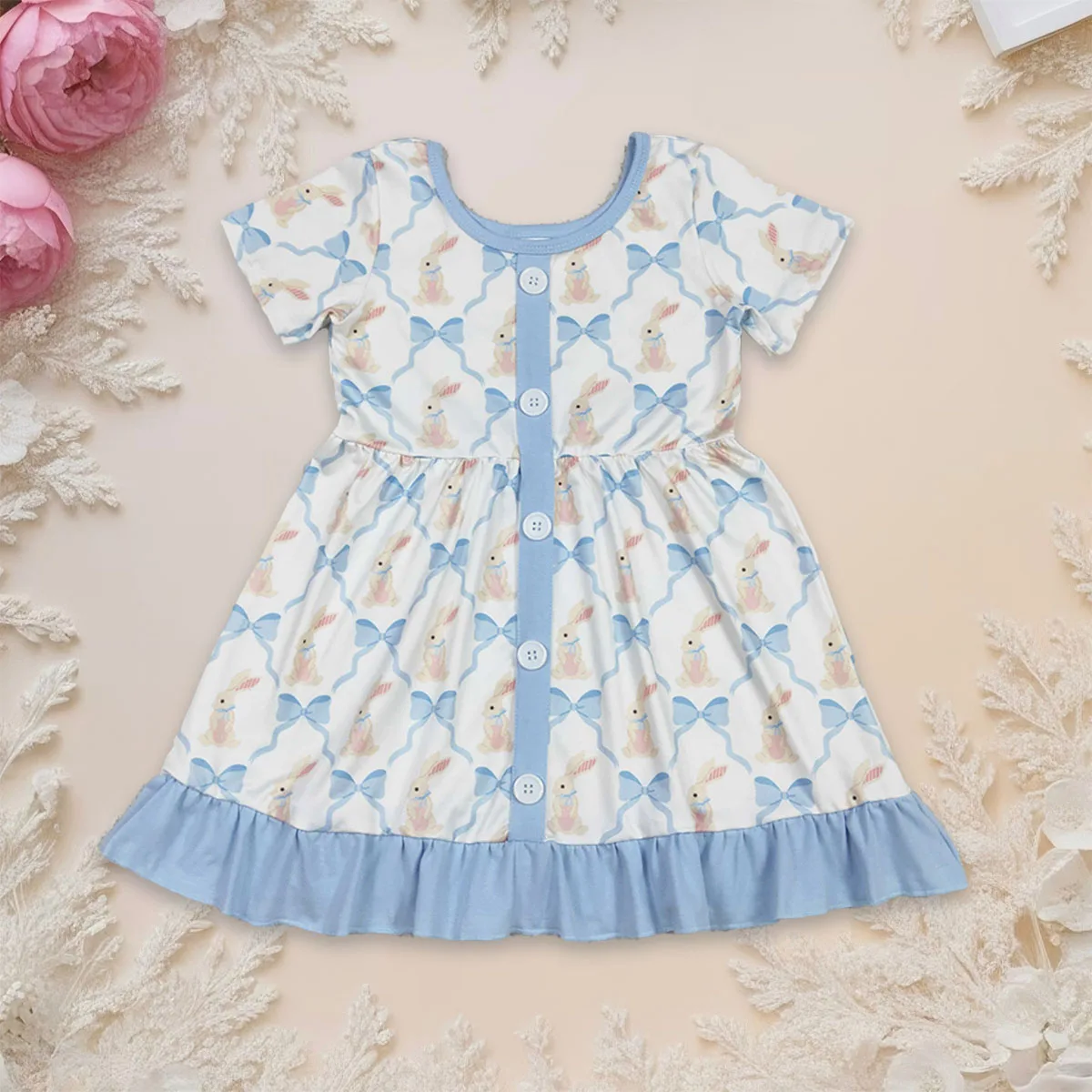 

Kids Children Bows Rabbits One Piece Baby Girl Short Sleeve Easter Ruffle Toddler Infant Knee Length Dress Clothing Wholesale