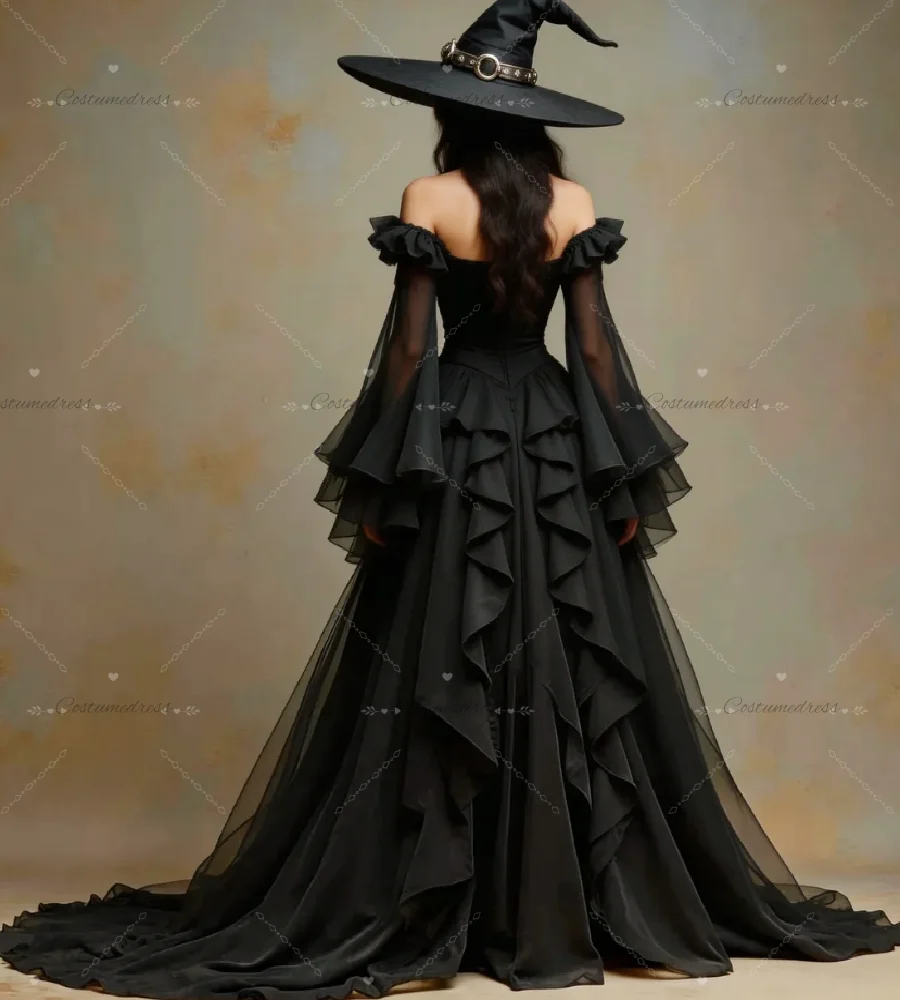 Celestial Black Witchy Boho Wedding Dress 2026 Belle Sleeve Chiffon Gothic Medieval Bride Ruffles Off Shoulder Bohemian Gowns