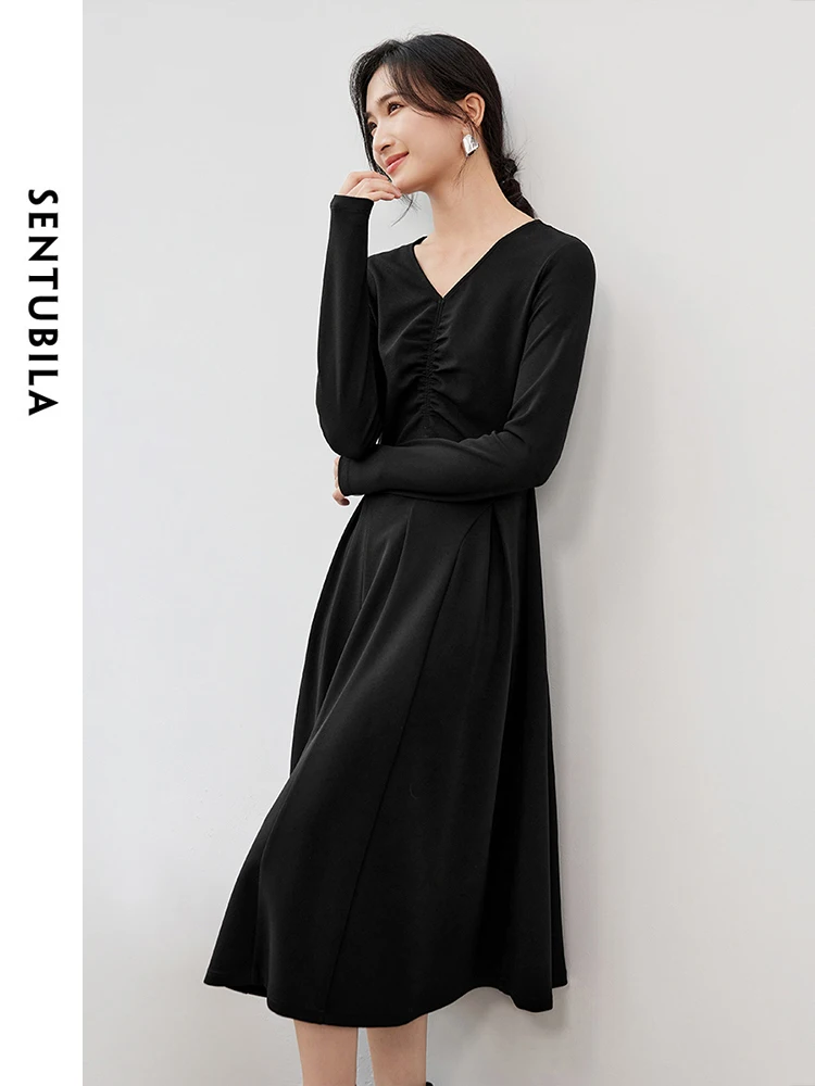 SENTUBILA Retract Waist Knit Black Dress for Women 2024 Autumn Solid Slim Fit Shirring V Neck Long Sleeve Women Dress 143L56478