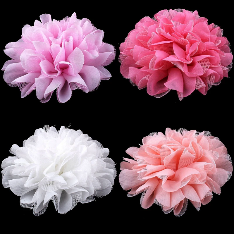 10pcs/lot)12CM 5 Colors Chic Large Mesh tulle Fabric Flower For Sweet Girl Pastel Color FlatBack Chiffon Flower For Headbands