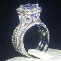 Vintage 3-in-1 AAAA Zircon Ring Sets Silver Color Jewelry Promise Engagement Wedding band Rings for Women men Party Bijou