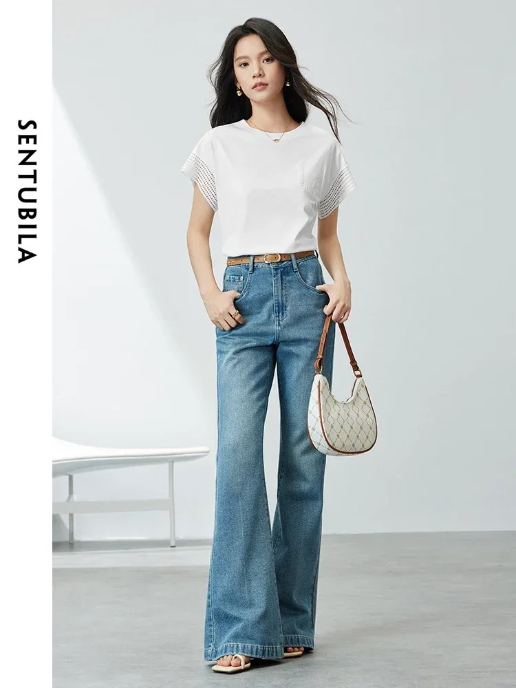 SENTUBILA Women Simple White T-shirts Summer Tops 2024 Fashion Casual Hollow Out Short Sleeve Round Neck Woman Tees 142T54105