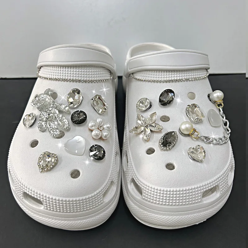 19PCS Fashion Shoe Charms Set Accessories Hole Shoe Buckle Shiny Bear Diamond Pearl Silver Chain DIY 3D Shoes Decorations image 3