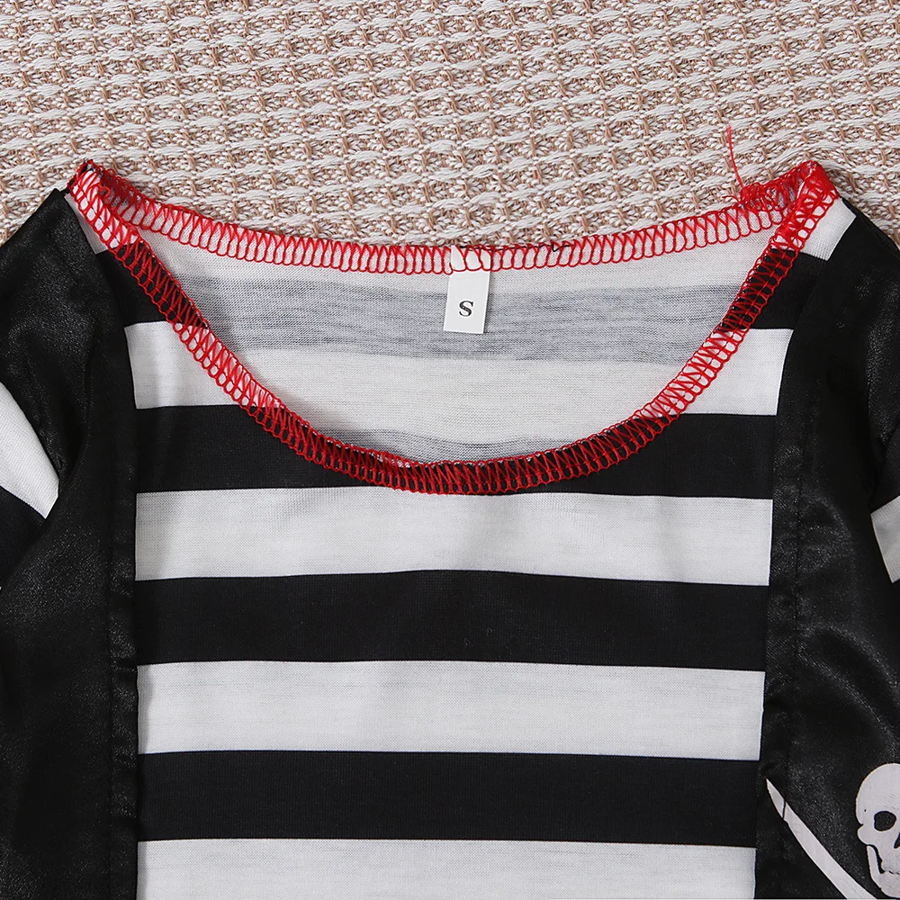 Kinder-Piraten-Kostüm-Set, 5-teilig, schwarz-weiß gestreiftes Oberteil + Hose + Hut + Augenklappe + rotes Bandana, Halloween-Bösewicht-Räuber-Cosplay-Outfit für Jungen – Detail 3