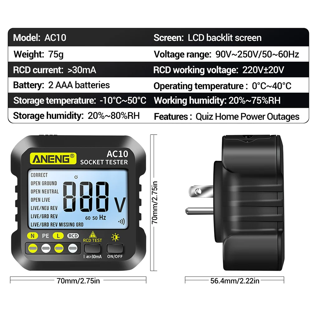 ANENG Digital Display Power Socket Tester Voltmeter Portable ABS Plastic Polarity Detector Testing Tool EU Plug