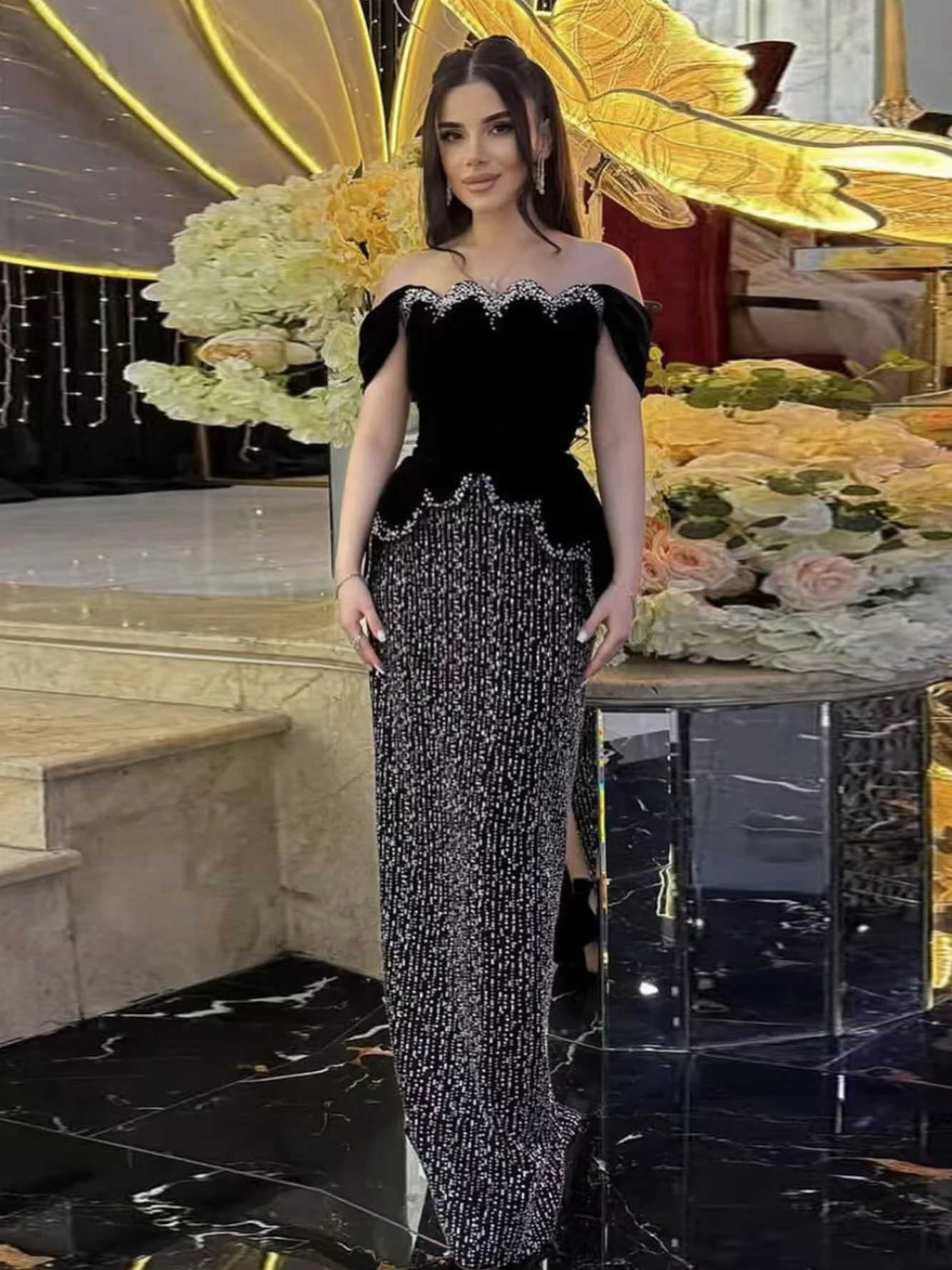 

High Quality Women'S Sexy One Shoulder Pearl Diamond Short Top+Maxi Long Skirt Black Bandage 2-Piece Set Celebrity Party Set