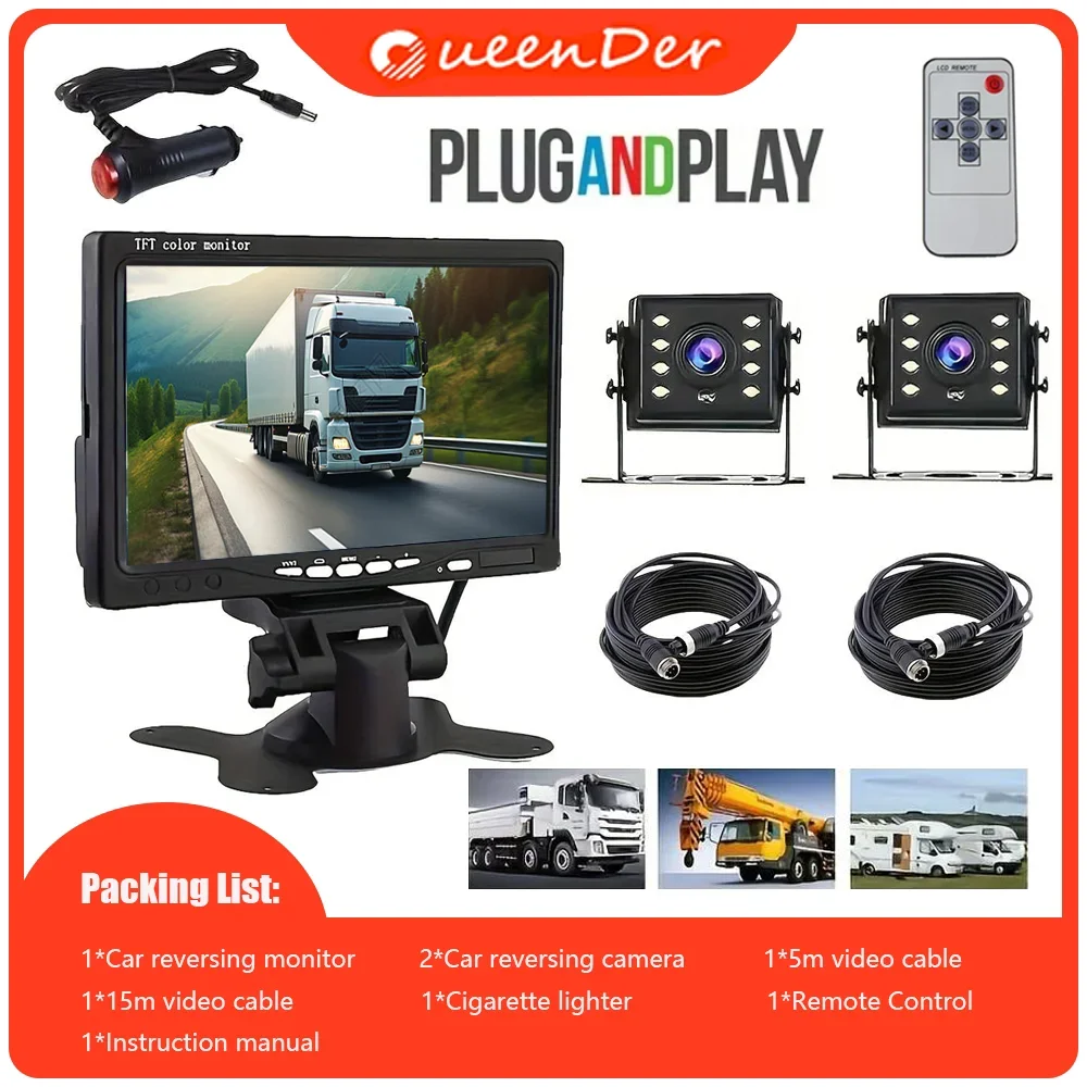 

QueenDer 7inch Monitor 2x Backup Camera18LED IR Rear/Front/Left/Right View Truck Camera HD Full Set Parking Reverse Syste