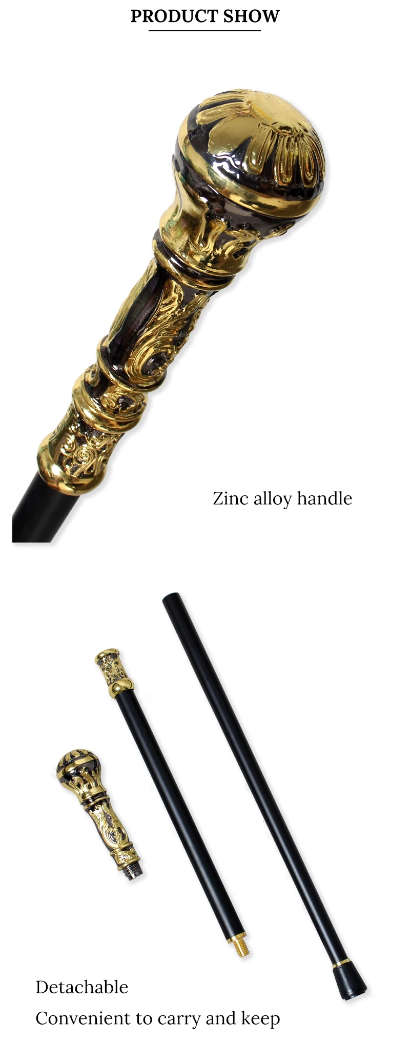 Black Gold Embossed Victorian Walking Cane with Detachable Round Handle Vintage Walking Stick Cosplay Prop for Men And Women