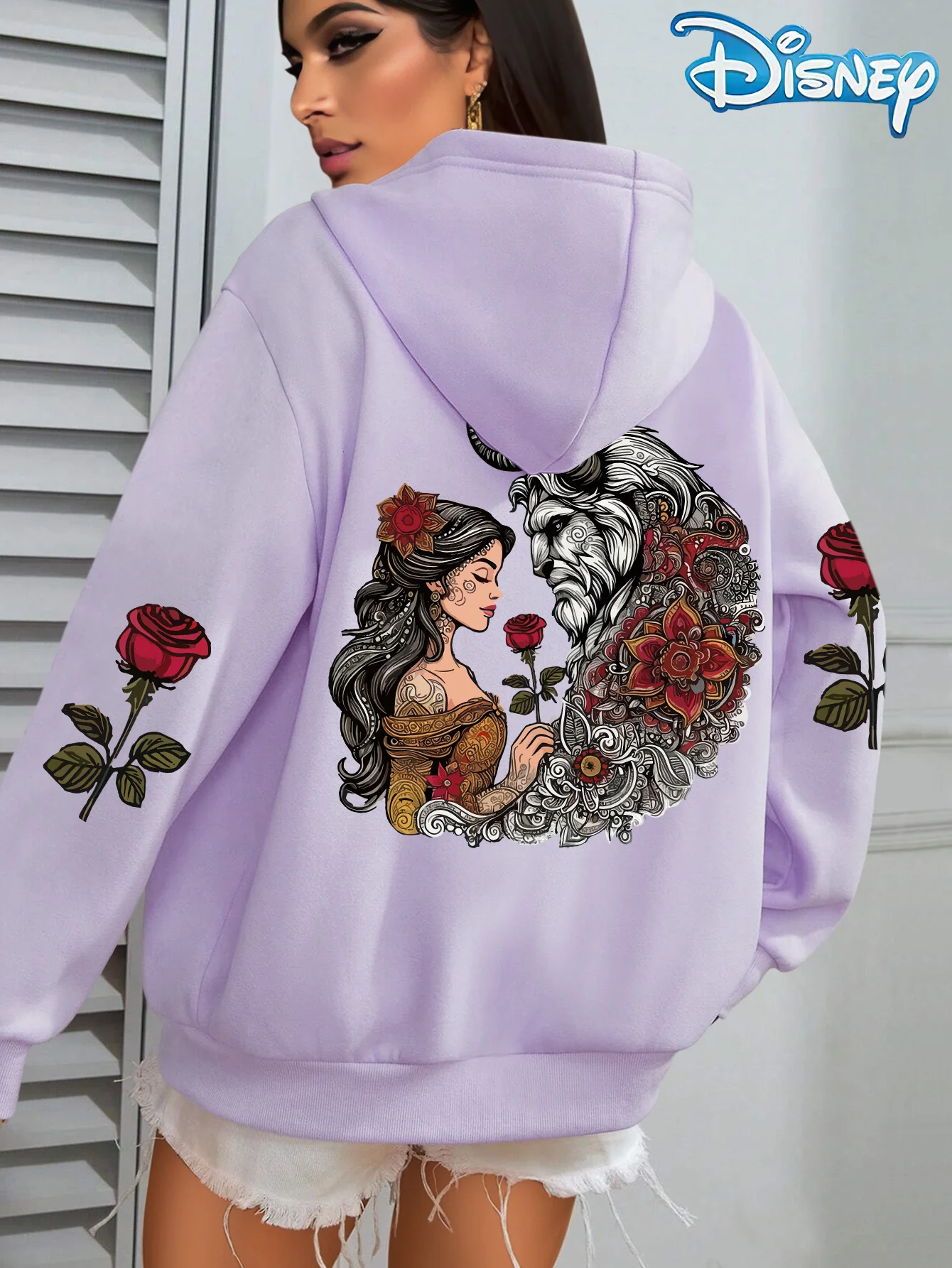 Unissex disney bela e a fera algodão velo hoodie cor preta besta belle rosa grande volta impressão manga design solto ajuste