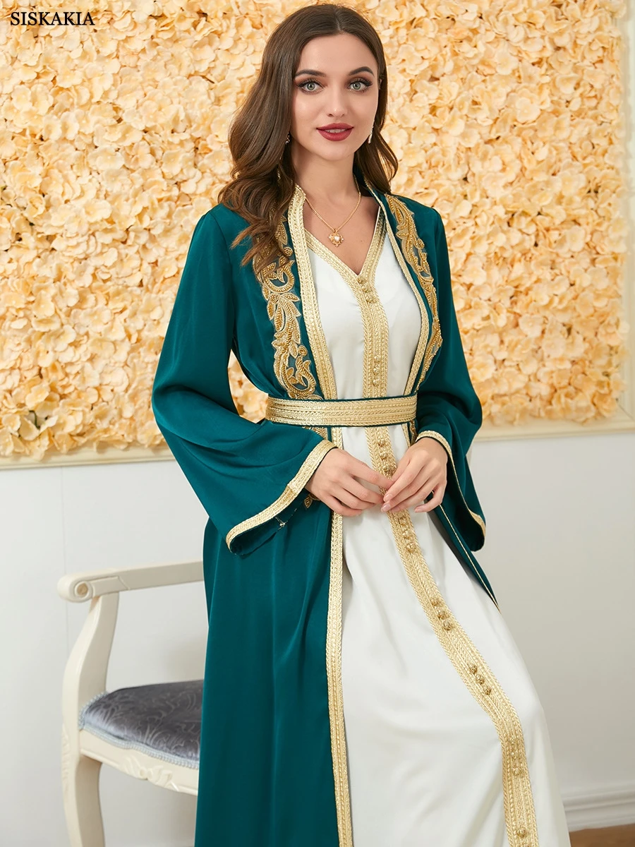 Muslim Fashion Two Piece Jilbab Robe Appliques Winter Abaya And Vest Long Dress Overgarments Islamic Women Moroccan Caftan