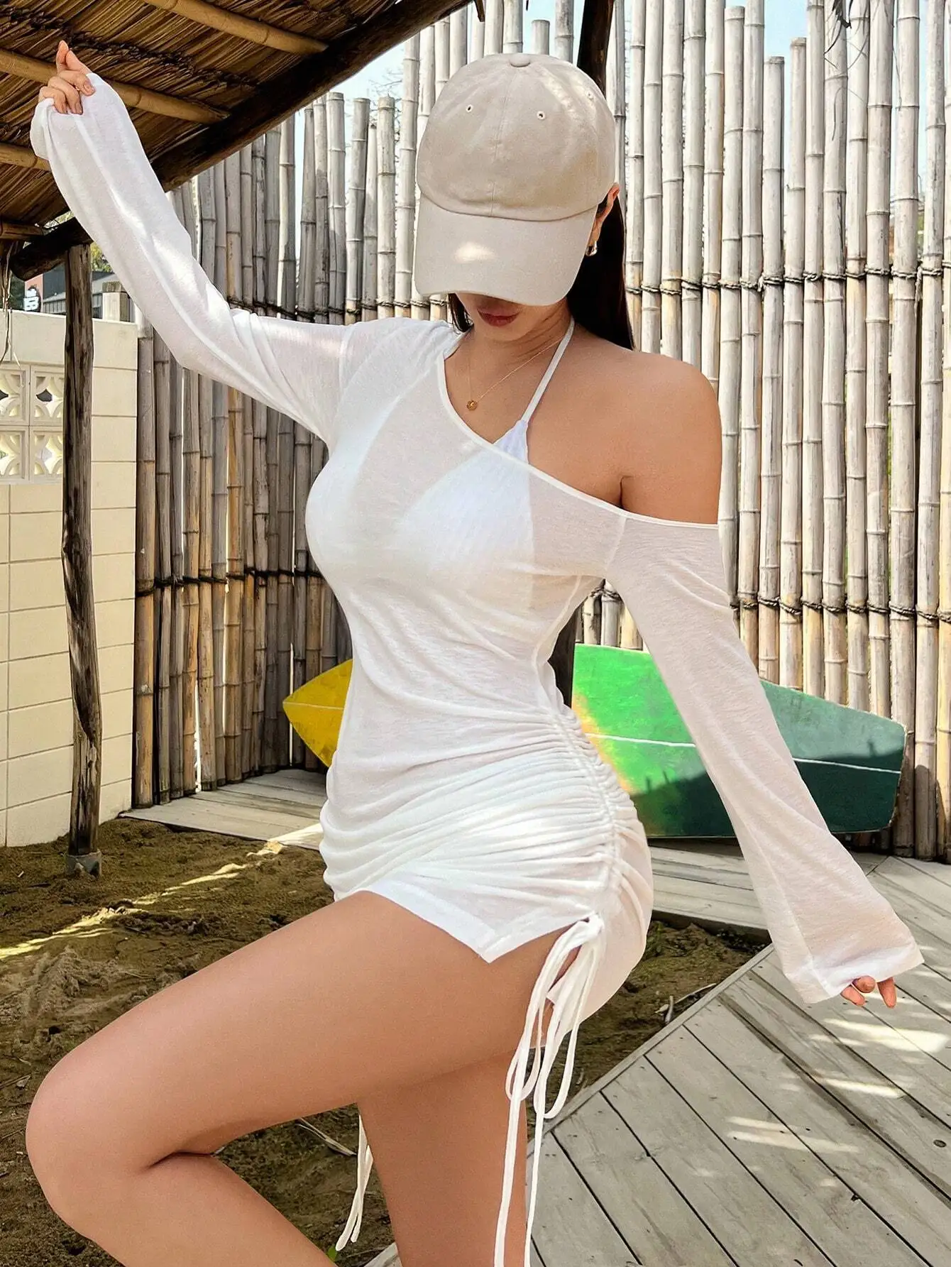 Skew Collar Solid Off-Shoulder Lace Up Durchsichtig Kordelzug Mini Sheer Kleid Sommer Frauen Sexy Perspektive Cover Up Kleid