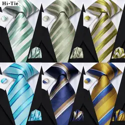 Hi-Tie Striped Sage Green Mens Fashion Necktie Handkerchief Cufflinks for Tuxedo Accessory Classic Silk Luxury Tie for Man Gift