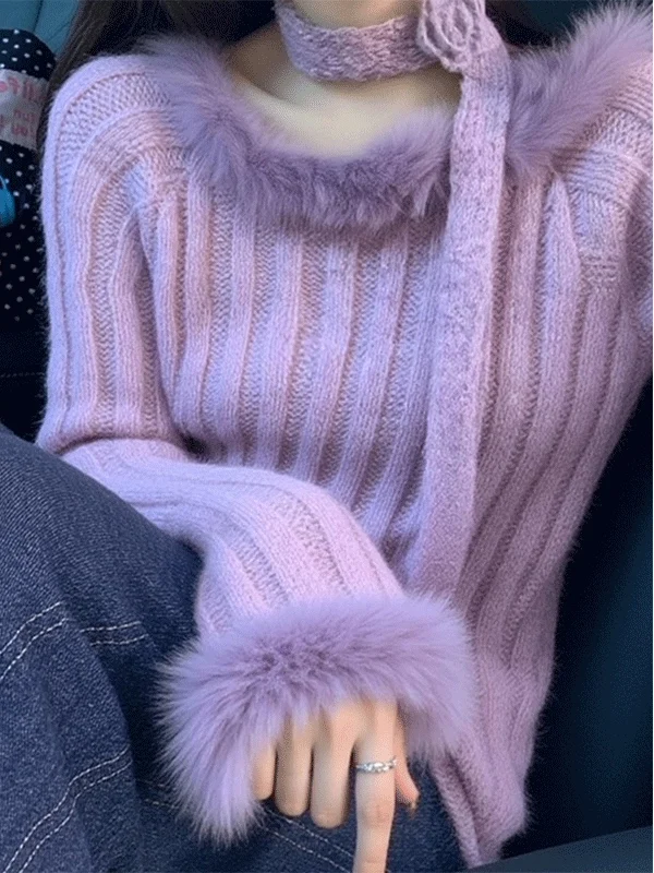 Early Autumn Korean Style Purple Knitted Sweater Short Waist-Cinching Unique Beautiful Unique Soft round Neck Long Sleeve Top